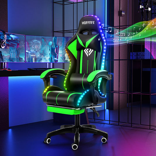 HOFFREE RGB Gaming Chair with Speakers Massage Computer Gaming Chair with LED Lights and Footrest High Back Video Game Chair for Adults Green and Black - Gaming - Chair24