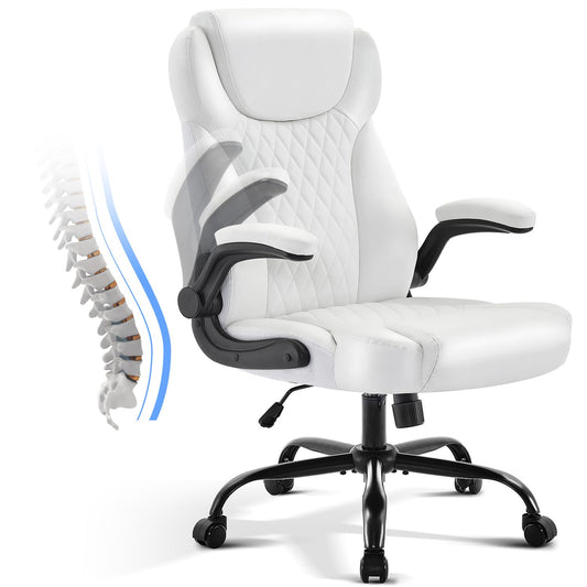 Office Chair, Executive Leather Chair Home Office Desk Chairs, Ergonomic Computer Desk Chair with Adjustable Flip - Up Arms, Lumbar Support Swivel Task Chair with Rocking Function (White) - Gaming - Chair24
